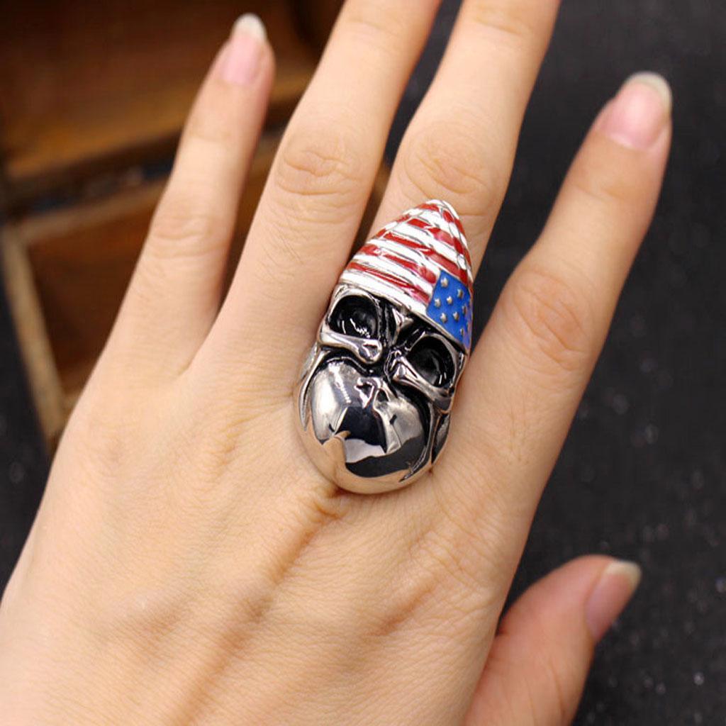 Punk Rock Personality Evil Skull Head Ring with Star American Flag Mask