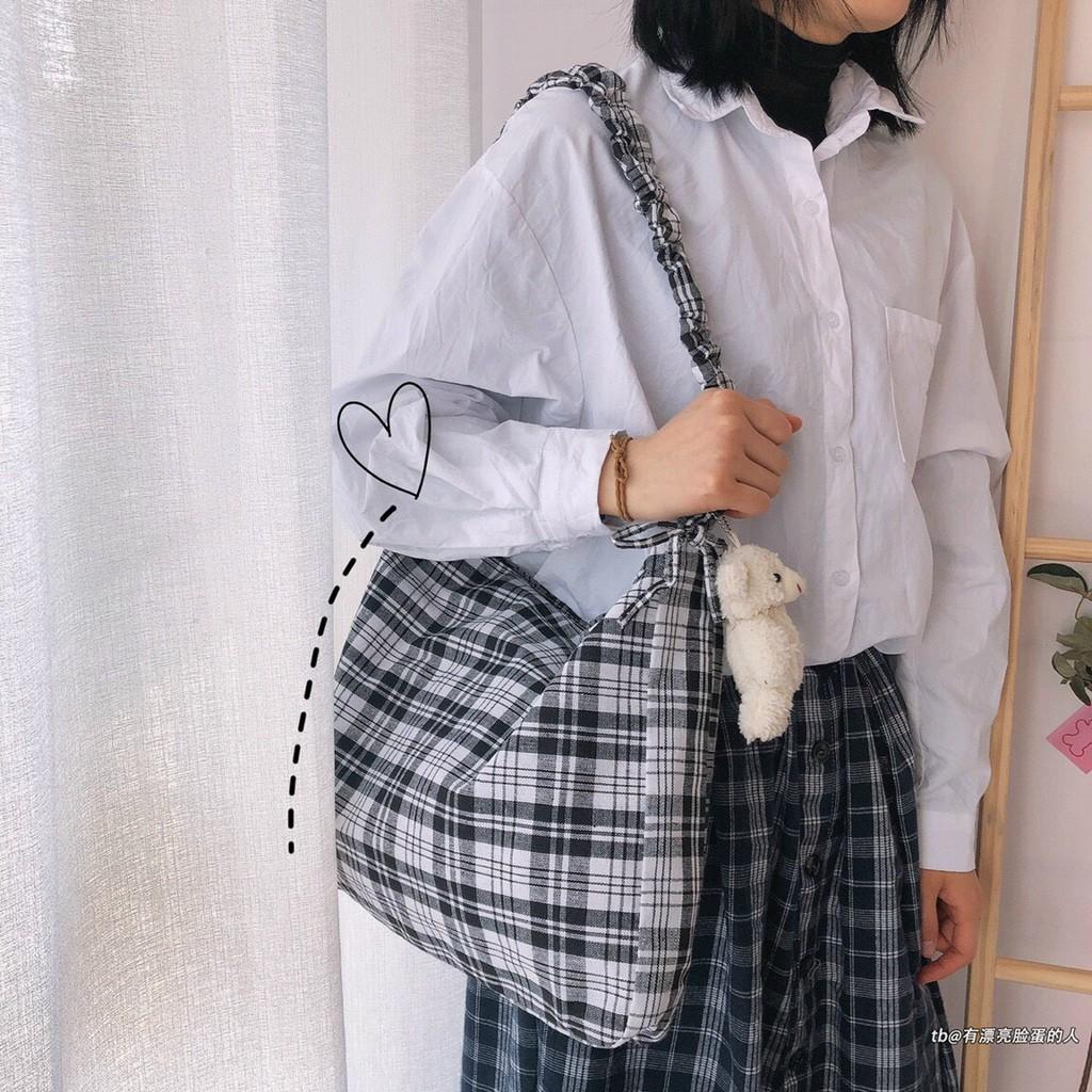 Túi vải đeo chéo caro canvas