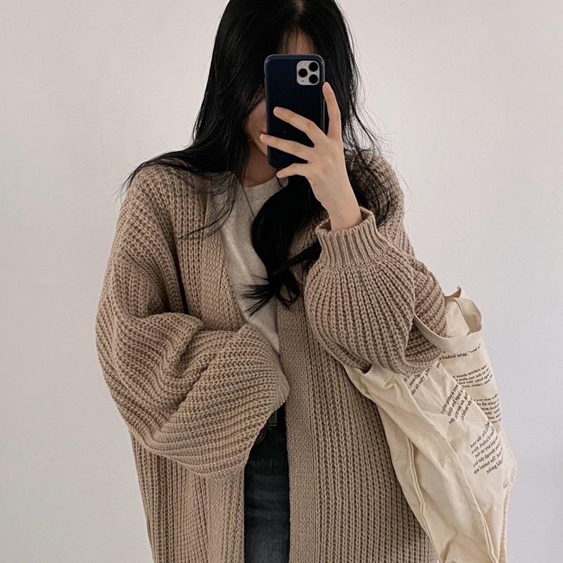 Cardigan Len Tay Bồng Dáng Dài Màu Trơn Hàn Quốc Sợi To