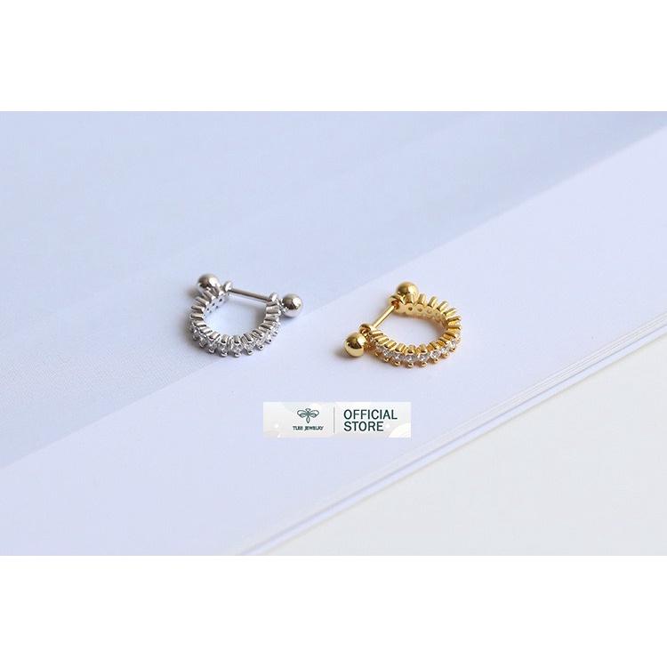 Khuyên tai bạc Tlee, Bông tai cong nạm đá chốt vặn thẳng- TleeJewelry