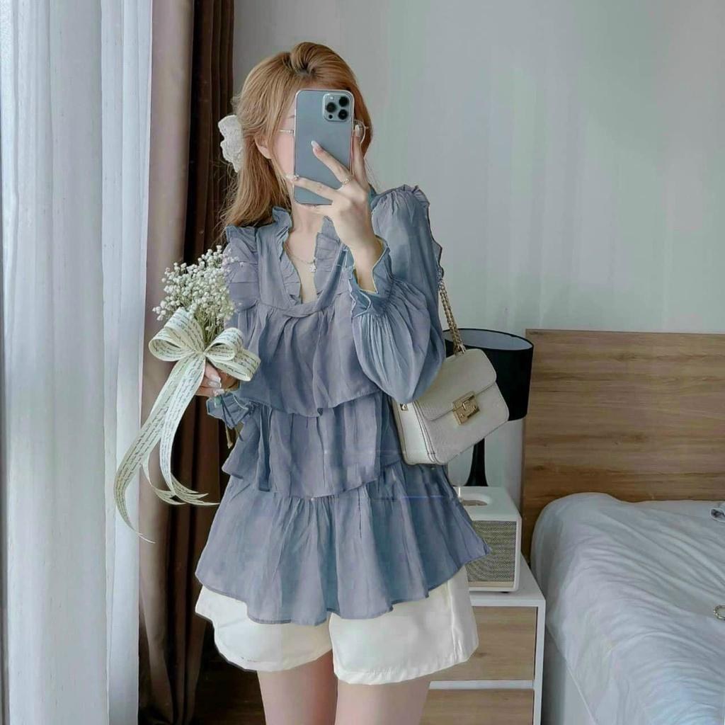 Set áo babydoll xanh tầng cổ viền bèo phối quần short trắng lưng thun