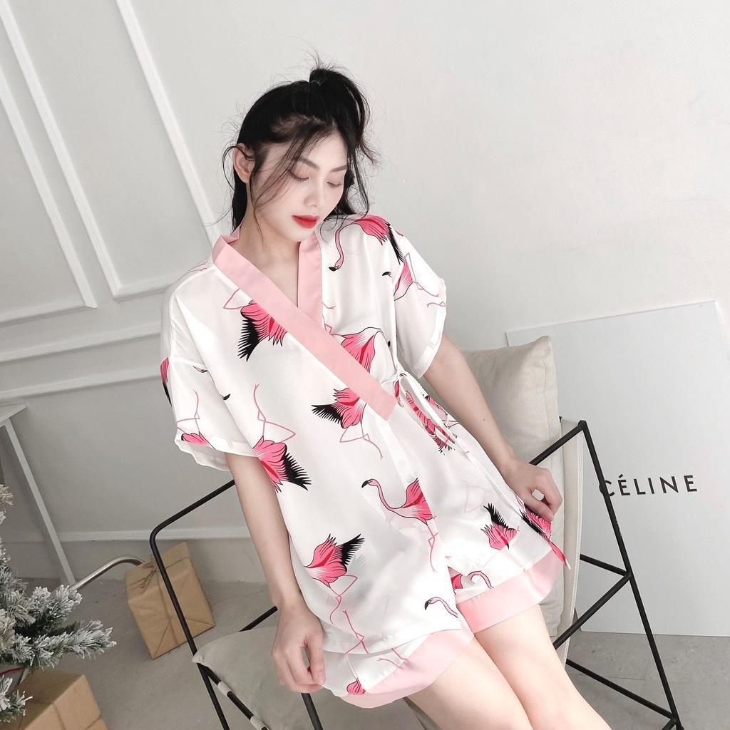 Bộ Kimono Nữ Họa Tiết Cộc Tay Dây Buộc Eo