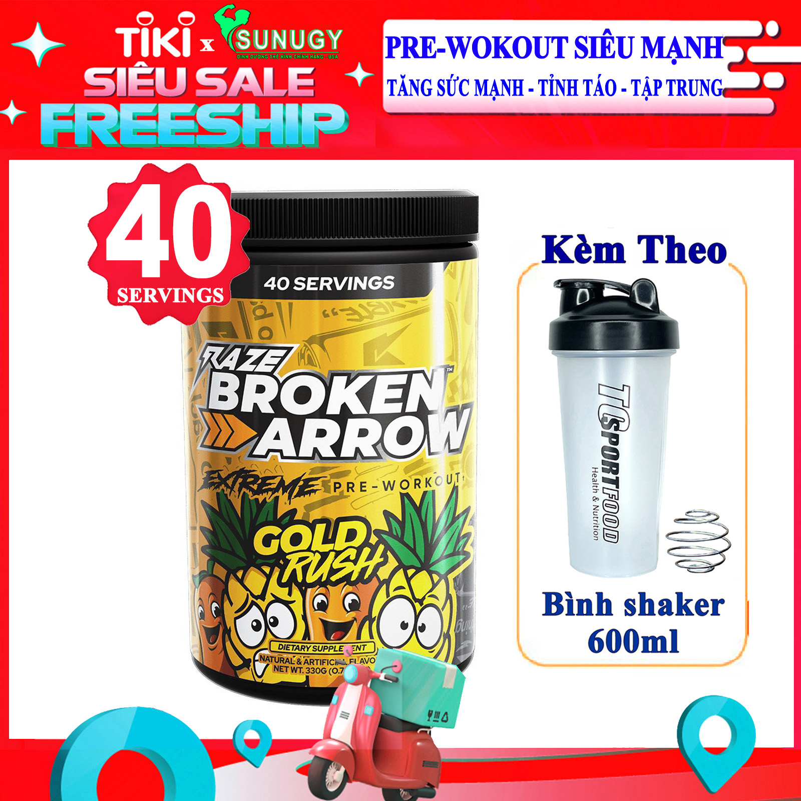 Combo Pre-Workout siêu mạnh Raze Broken Arrow hộp 40 lần dùng hỗ trợ tăng sức mạnh, tỉnh táo, tập trung &amp; Bình shaker 600ml (mẫu ngẫu nhiên)