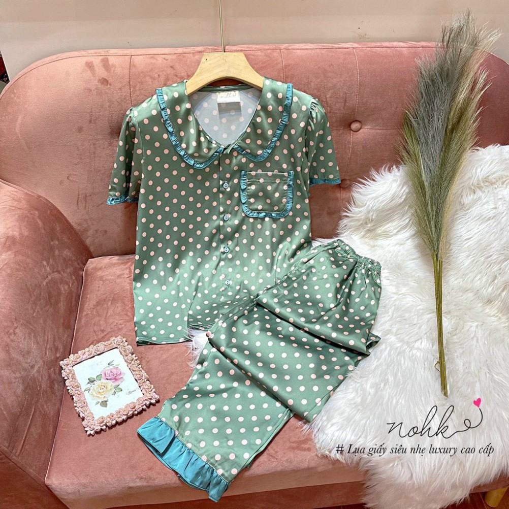 freeship Bộ ngủ Pijama lụa chấm bi phối cổ bèo cộc tay cao cấp NOHK