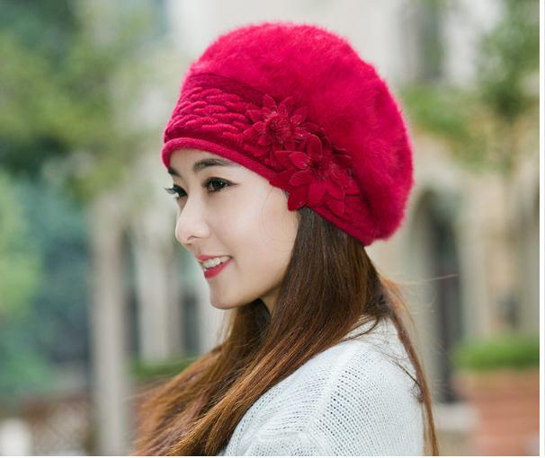 Mũ nồi len lông thỏ gắn hoa đôi thời trang Mũ nón len nữ màu đỏ