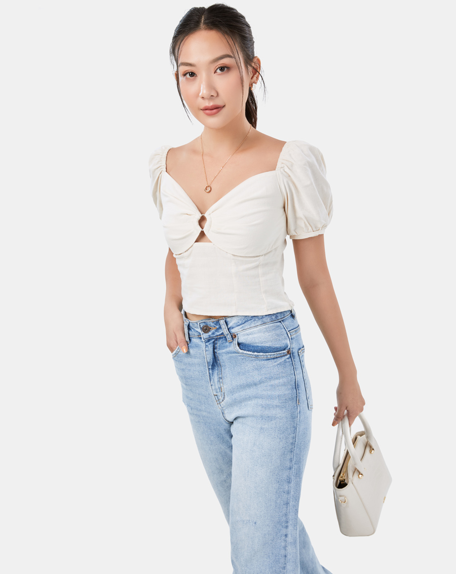 Áo Kiểu Nữ Thời Trang JUNO Cổ V Khoen Tròn Tay Phồng JNAKI014