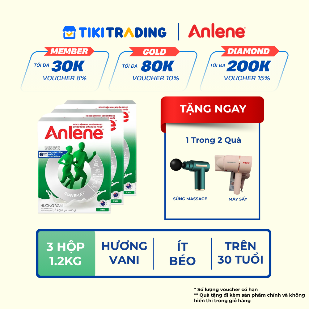Combo 3 Sữa Bột Anlene Hương Vanilla (Hộp giấy 1200g) - Bao bì mới - Tặng máy massage cầm tay hoặc máy sấy tóc - 2