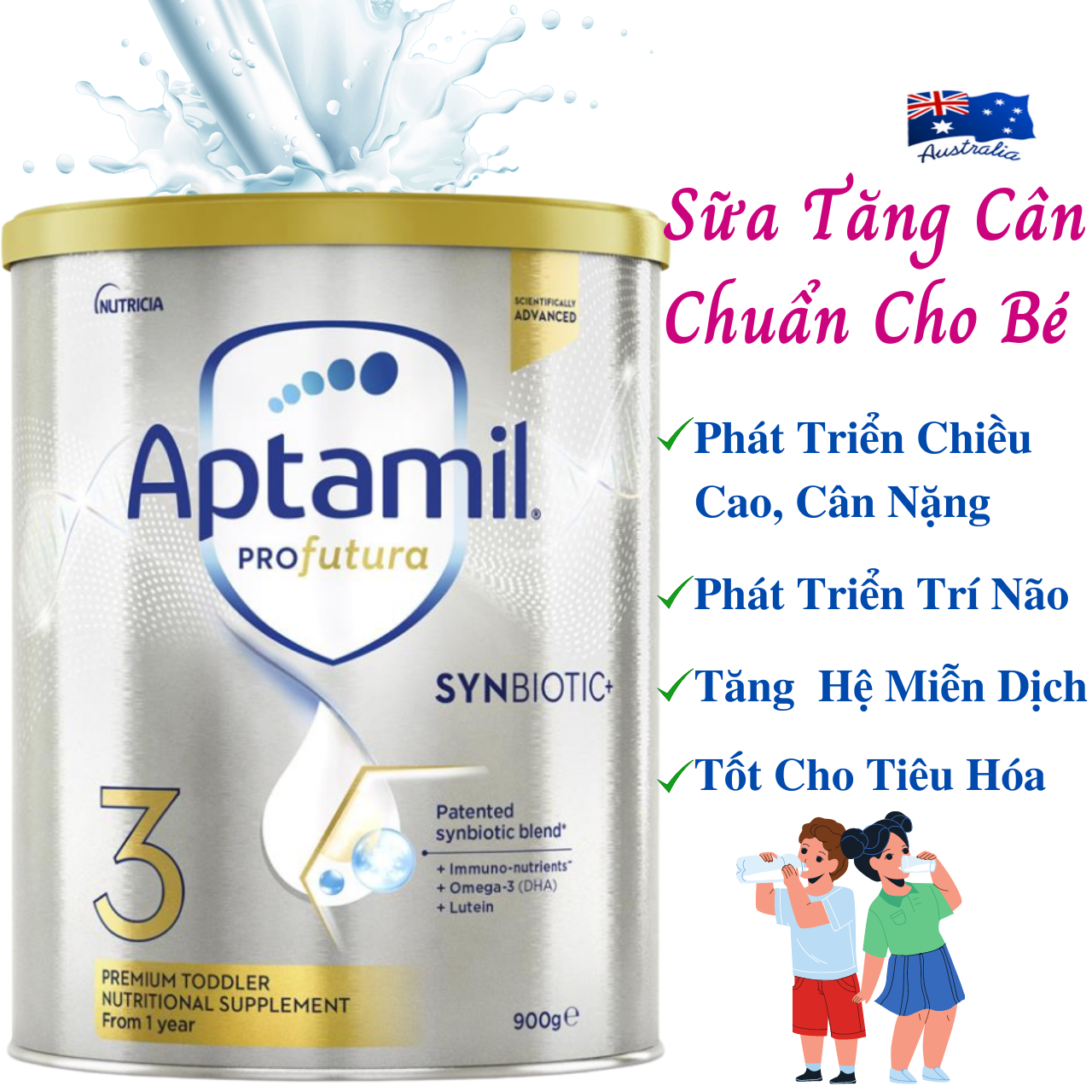 Sữa Tăng Cân Cho Bé Aptamil Profutura Synbiotic 3 NK Úc Giàu Dưỡng Chất Gồm Các Nhóm Vitamin, Khoáng Chất, Omega-3, Men Vi Sinh Giúp Bé Phát Triển Chiều Cao, Cân Nặng, Trí Não, Hỗ Trợ Tiêu Hóa Tốt, Tăng Chức Năng Hệ Miễn Dịch – Hộp 900g