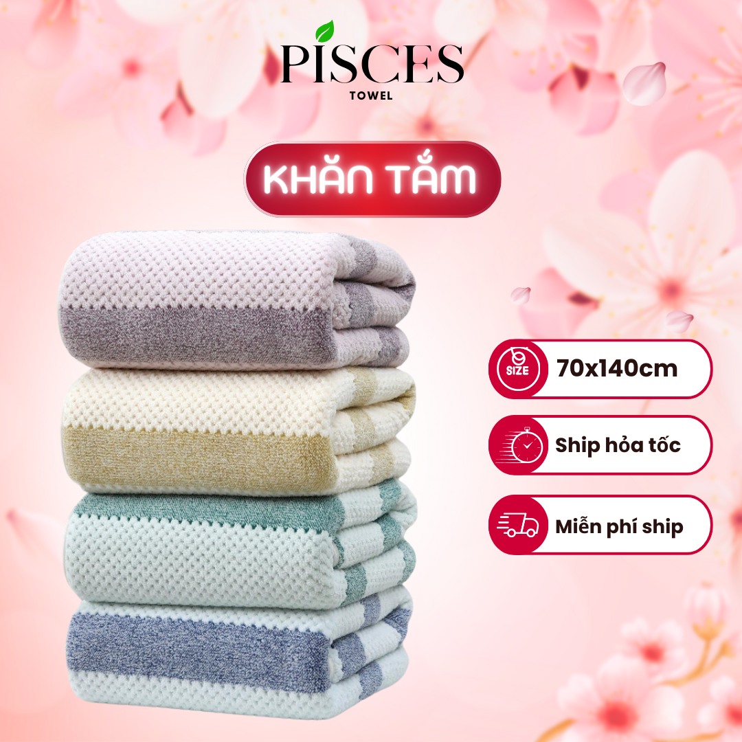 Khăn Tắm PISCES TOWEL 70x140cm Họa Tiết Tổ Ong Cotton Mềm Mại, Khăn Spa Yoga Gym Thể Thao Thấm Hút Mồ Hôi - Xanh dương, Xanh dương
