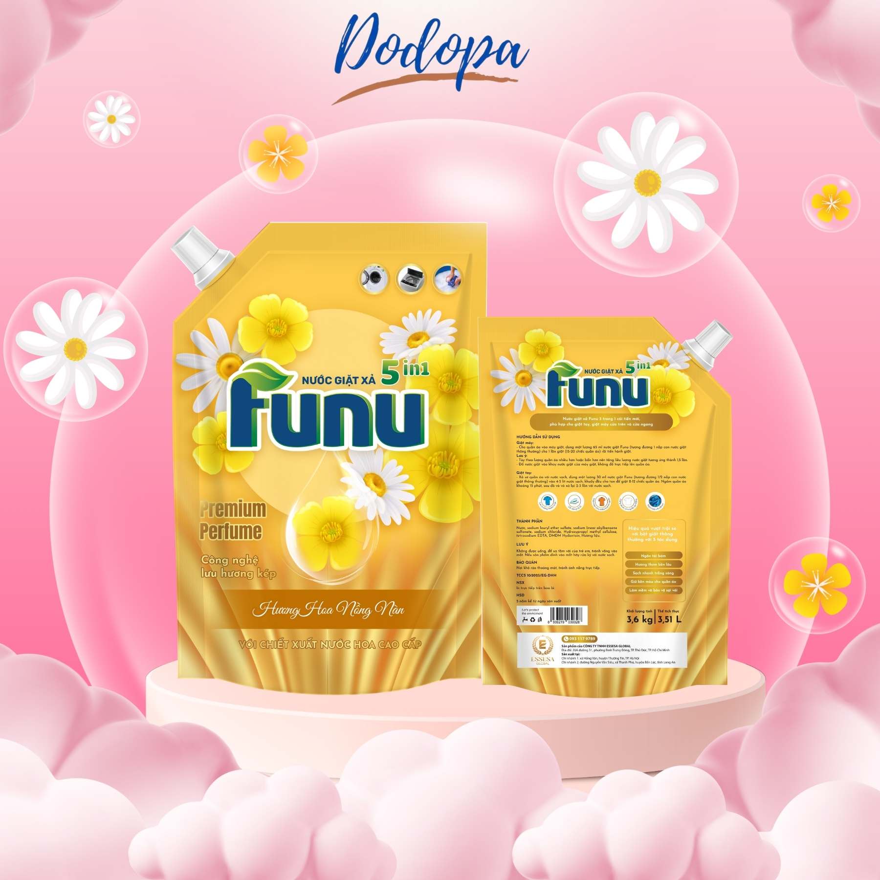 Thùng 4 Túi nước giặt xả FUNU 3.6kg/3.5L hương nước hoa giữ bền màu diệt khuẩn ngăn tái bám dùng cho tất cả các loại máy giặt- Màu vàng- Hàng chính hãng
