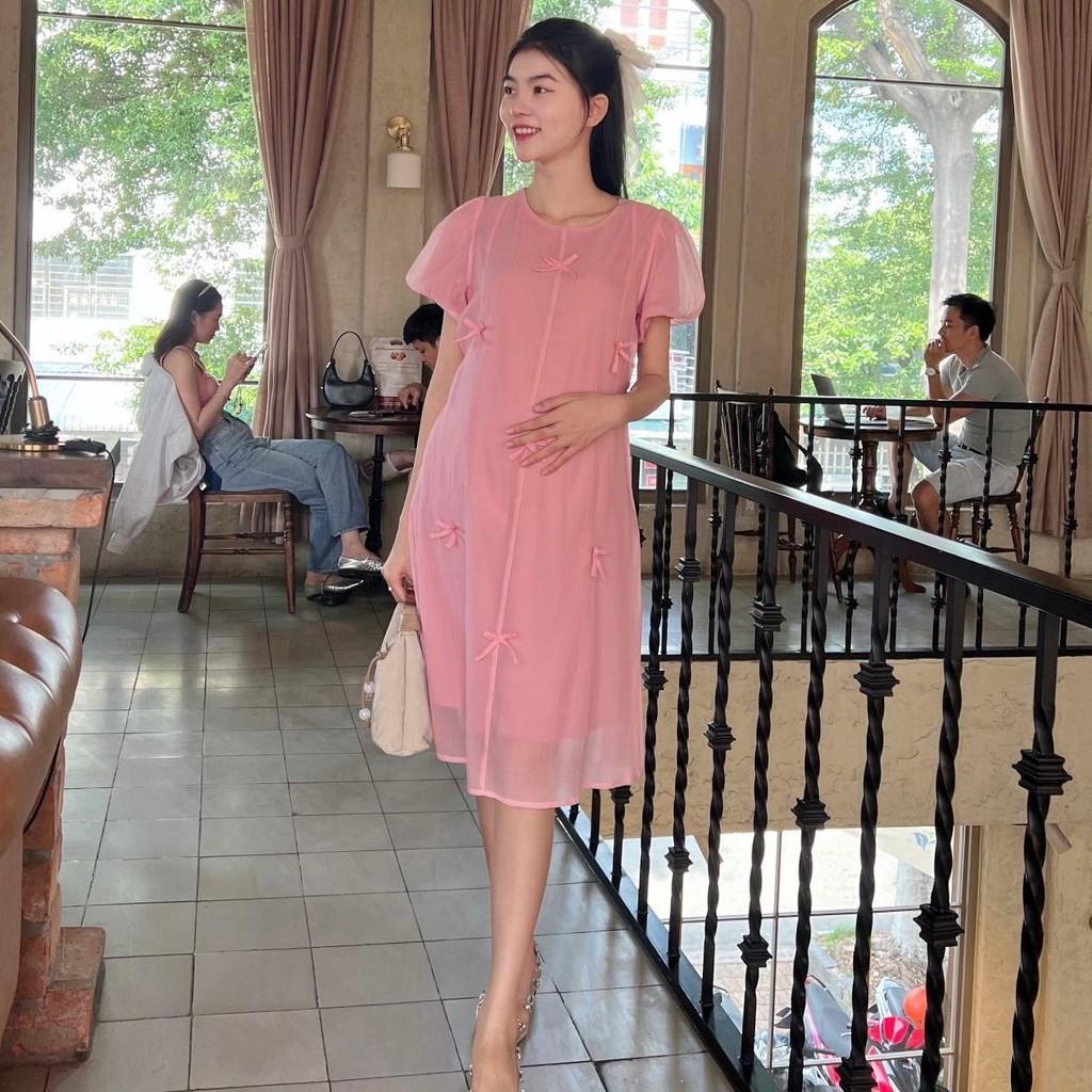 Đầm bầu tơ phom suông đính nơ nhẹ nhàng, dễ thương, sang chảnh - Hồng
