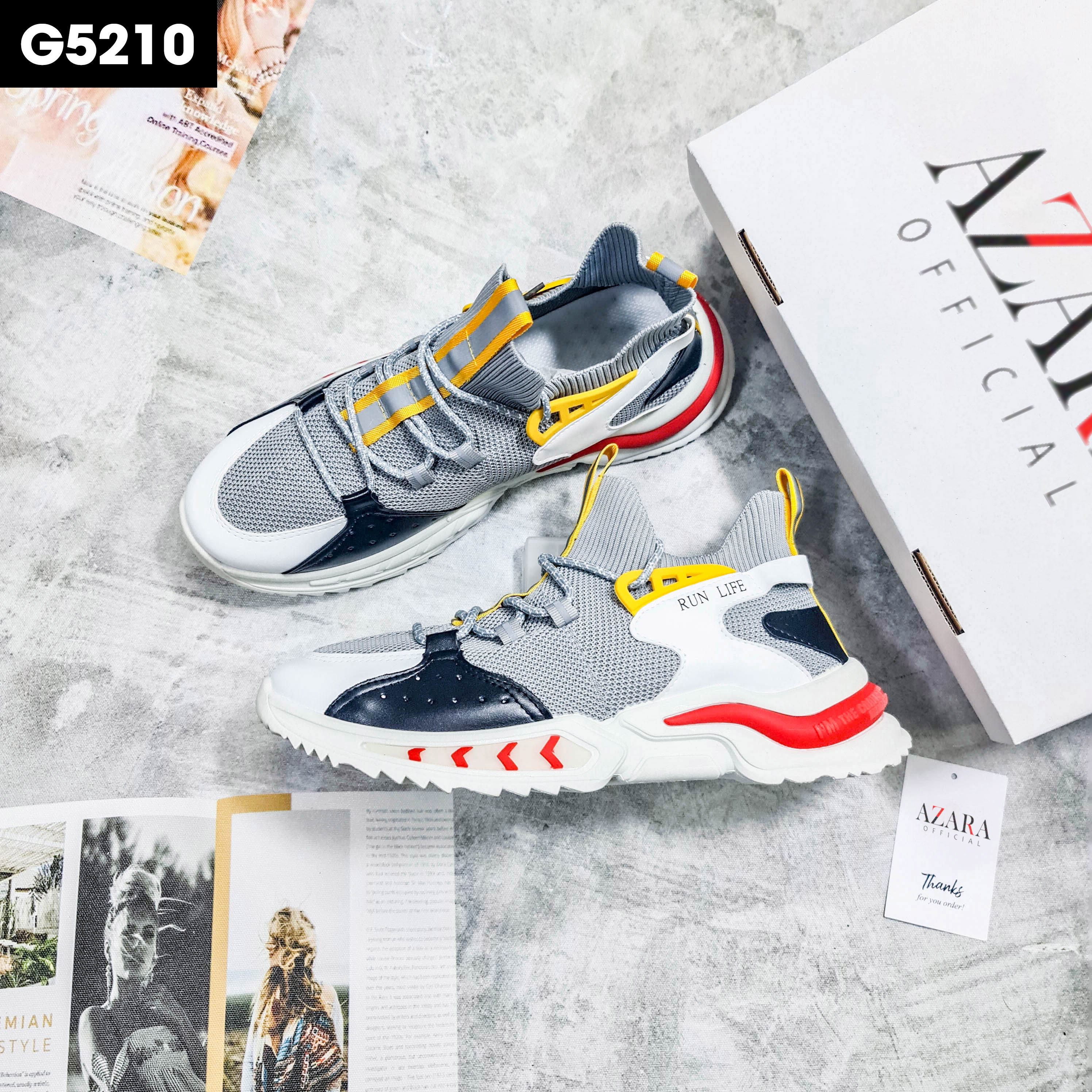 Giày Thể Thao Nam AZARA - Sneaker Màu Xám - Trắng - Đen, Giày Thể Thao Chạy Bộ, Hoạ Tiết Dấu Phẩy Đơn Giản - G5210