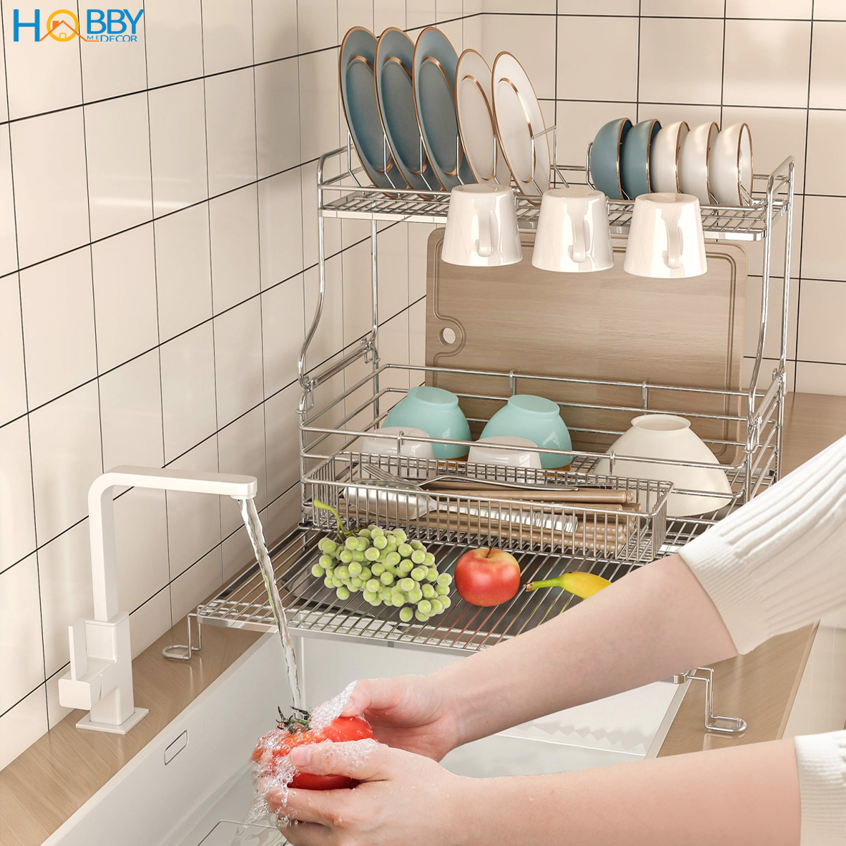 Kệ chén 2 tầng đa năng co giãn inox 304 cao cấp Hobby home decor KC5