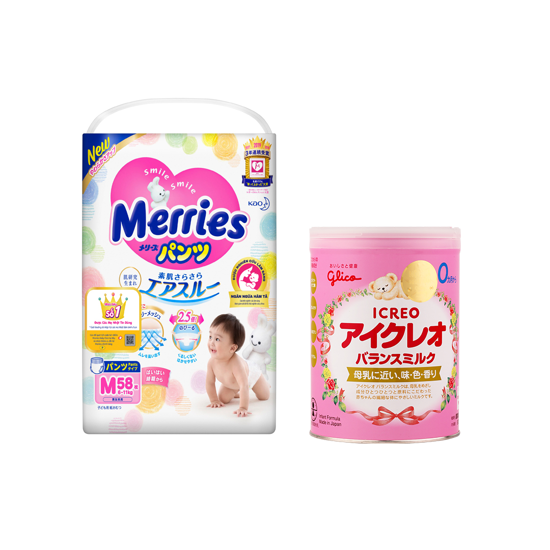 Combo dùng thử: Bỉm Merries regular quần và TPDD Glico Icreo số 0