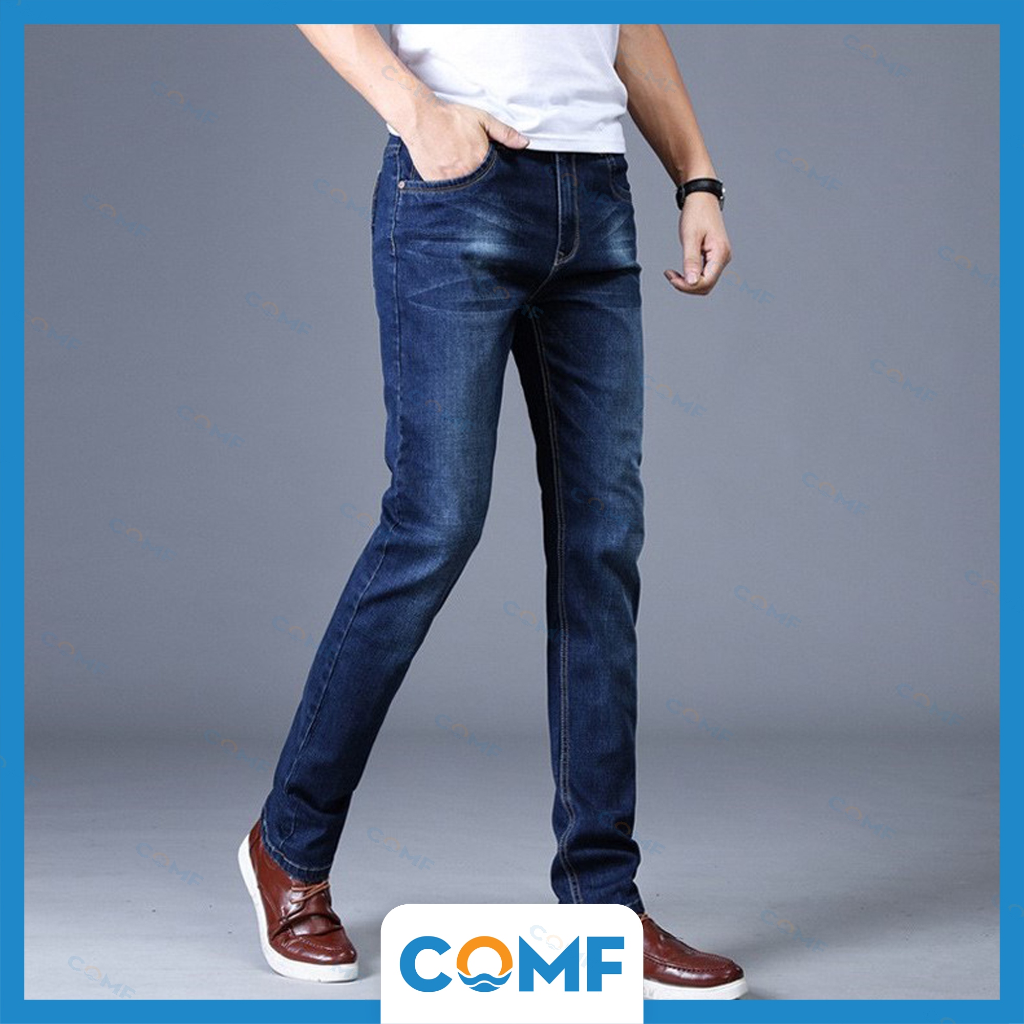 Quần jeans COMF mùa hè phong cách Hàn Quốc, kiểu dáng slim fit, ống thẳng