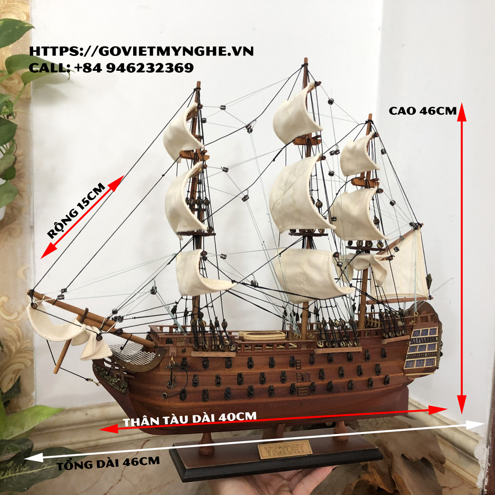 [HMS Victory] Mô hình thuyền gỗ thuyền trang trí tàu chiến cổ HMS Victory - Gỗ căm xe - Thân tàu dài 40cm - Buồm vải bố