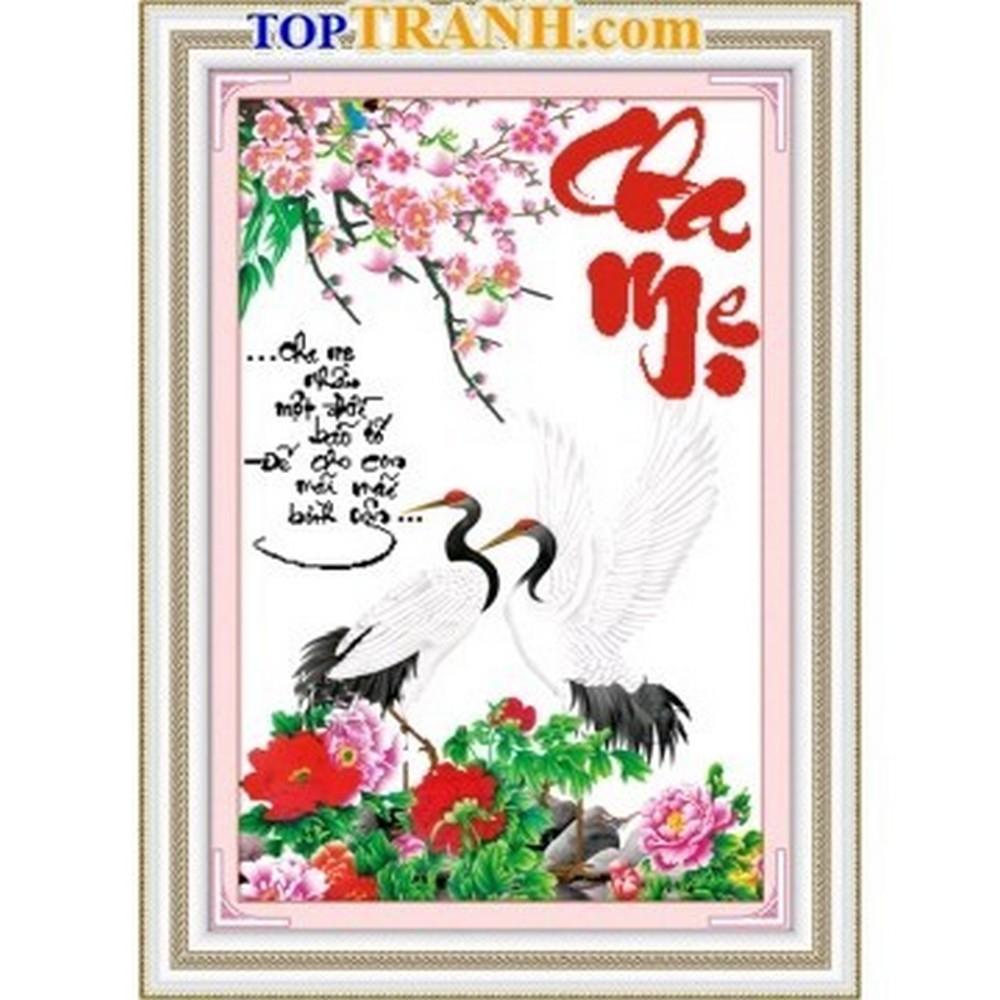 Tranh thêu chữ thập chữ cha mẹ cành đào, hoa mẫu đơn LV3231 chưa thêu