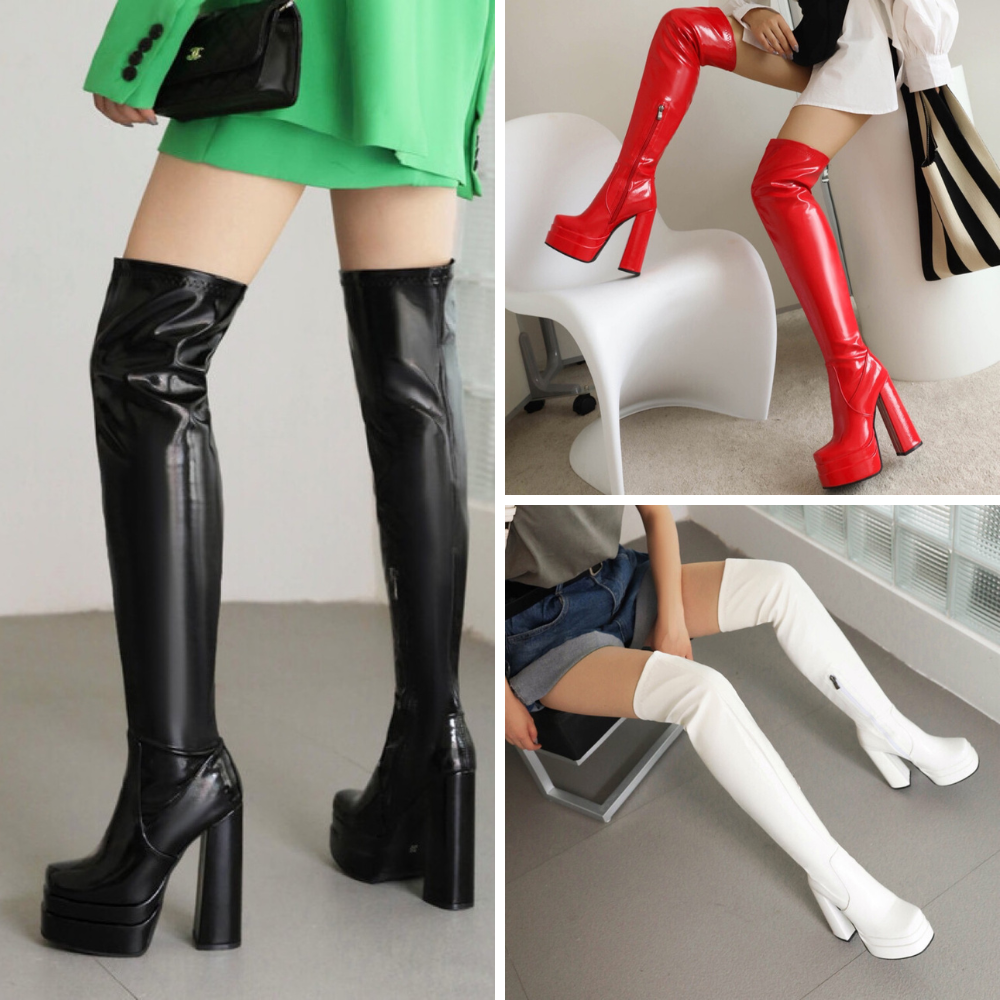 Giày boot đùi nữ gót trụ cao 14cm DA BÓNG , ĐẾ KÉP, CHẮC CHẮN, ÔM CHÂN 3 màu đen, đỏ, trắng GCC131