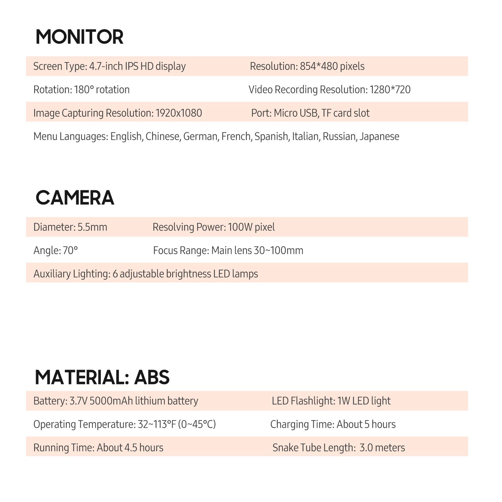 Handheld Industrial Endoscope with Single Lens 4.7-Inch IPS Display 100W Pixel Electronic Camera Video Picture Taking 6 LED Lights 3.0-Meter Cable for Pipeline Vehicle Inspection