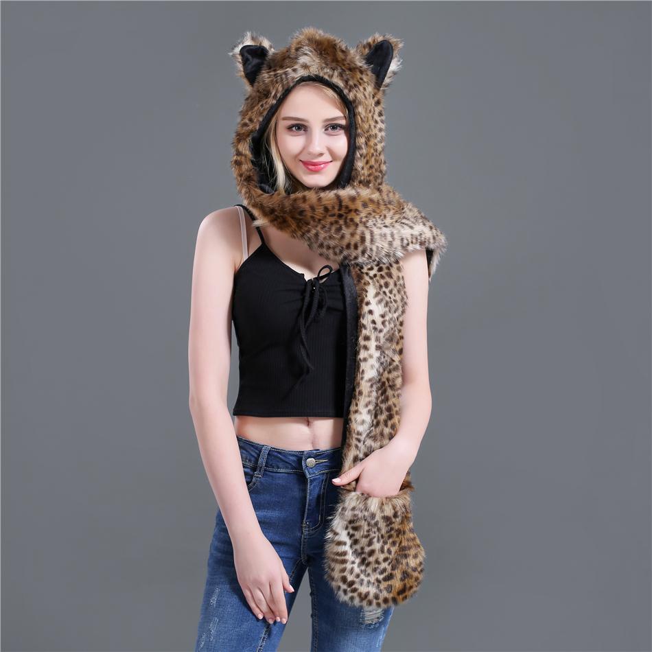 Hot Áo Lông Thú Giả Ấm Khăn Quàng Cổ Cho Mùa Đông Sói Hổ Husky Hood Khăn Mũ Găng Tay Bộ Nữ Cô Gái Động Vật Tinh Thần mũ Lưỡi Trai