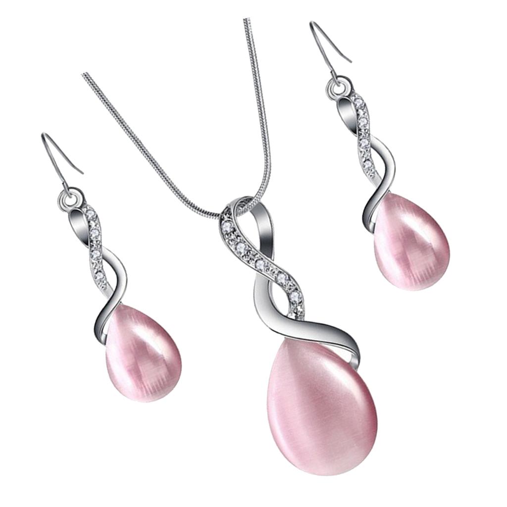 Necklace Earrings Set Waterdrop Teardrop Bridal Jewelry Set Pink + Pink