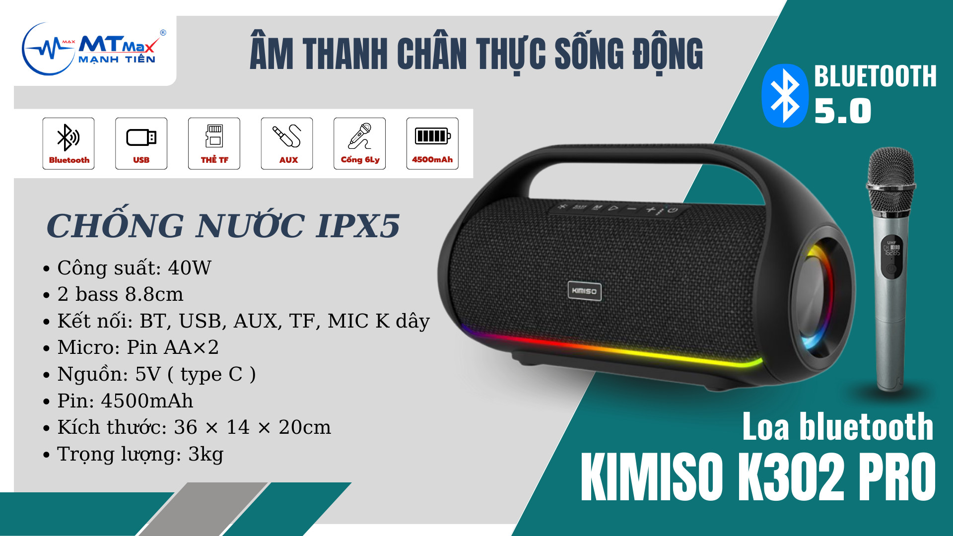 Loa Bluetooth KIMISO K302 PRO - Tích Hợp Micro Karaoke, Đa Dạng Cổng Kết Nối Tiện Lợi Pin Trâu Bluetooth 5.0 chống nước 2 bass cực căng