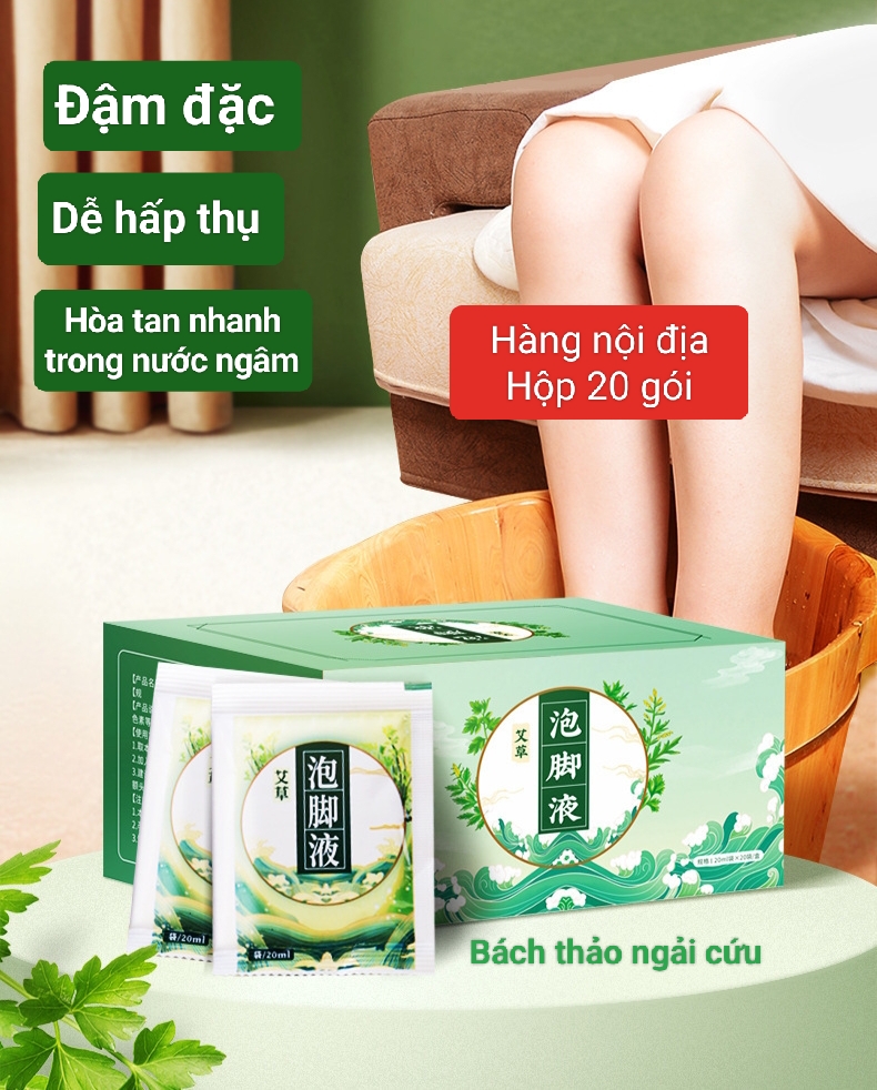 Hộp 20 gói nước ngâm chân ngải cứu thảo dược 400ml .Thải độc, thư giãn, cải thiện sức khỏe