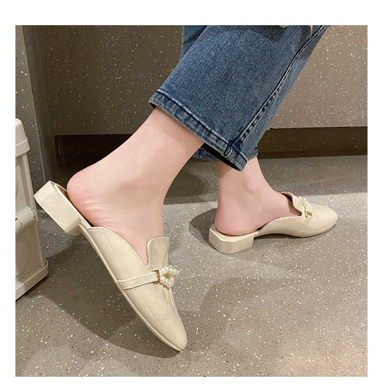 Giày sục nữ nơ phối ngọc cao 2P mũi tròn mules thời trang mới V308
