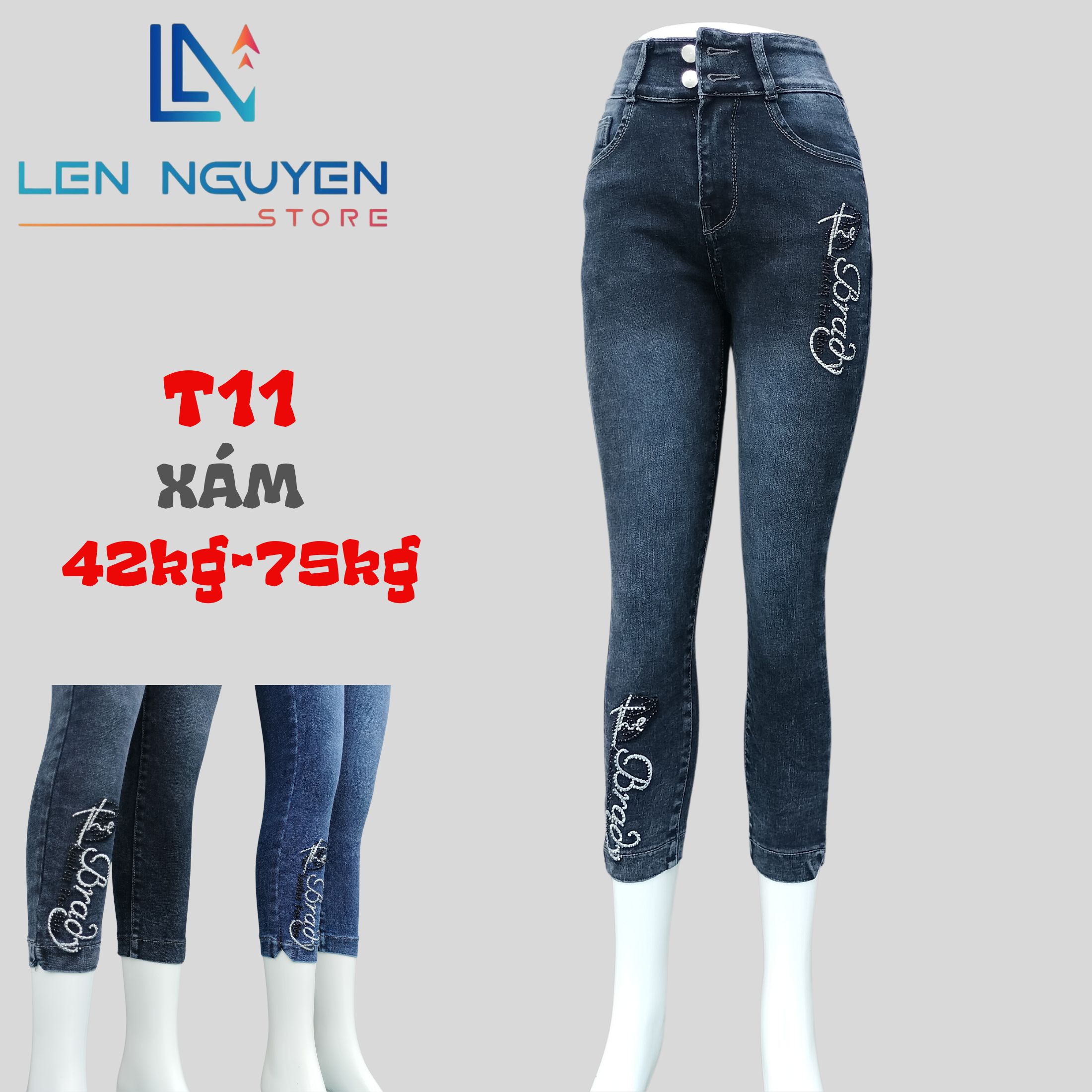T11_9 tất thêu ép đá 27-35 xám và xanh nhạt, 2 nút lưng cao, cho 42kg đến 75kg 27-35 Vải Cao Cấp Co Giãn ,Mềm Mịn Thoáng Mát Nữ Jean Women Pants