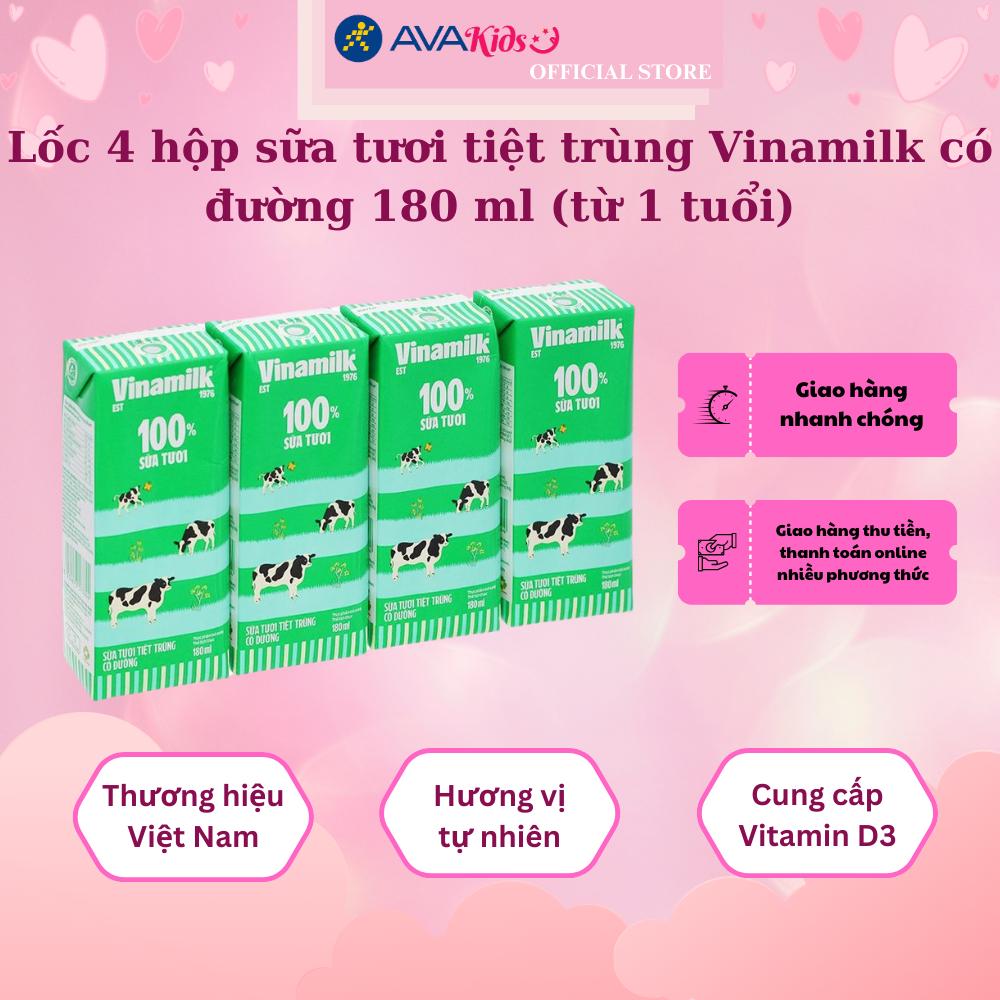 Lốc 4 hộp sữa tươi tiệt trùng Vinamilk có đường 180 ml (từ 1 tuổi)