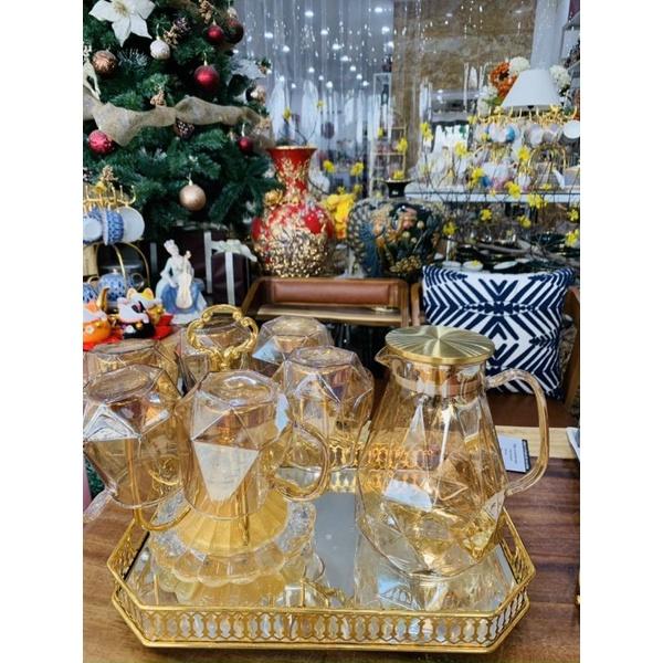 Bộ Bình 6 Ly Thủy Tinh Chịu Nhiệt Ánh Vàng, Bộ bình nước thủy tinh 1800ml - Gia Dụng Đức Minh