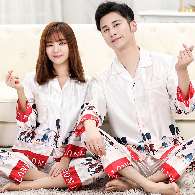 Đồ bộ Pyjama Nữ chất liệu phi bóng rũ mềm mại,nền trắng họa tiếc viền đỏ tao nhã 88226