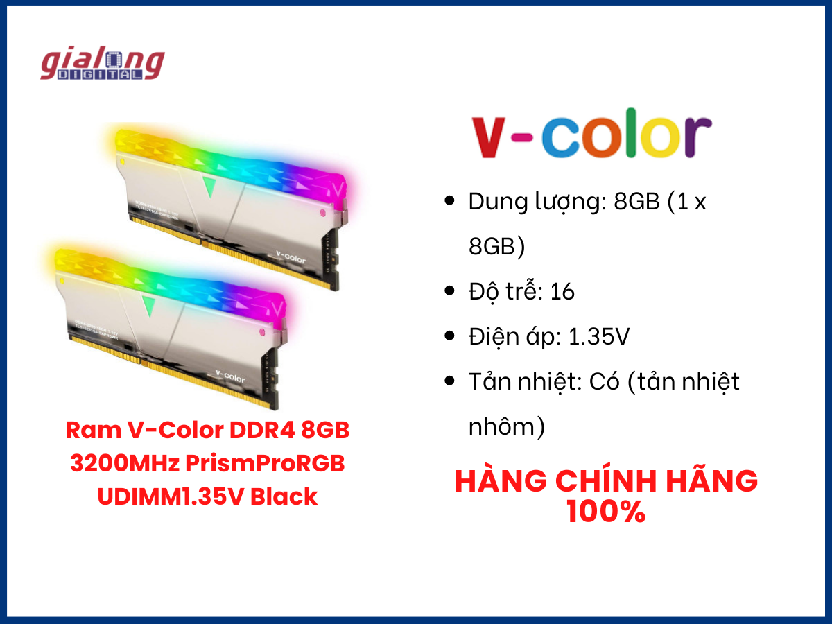 Ram V-Color DDR4 8GB 3200MHz PrismProRGB UDIMM1.35V Black - Hàng chính hãng