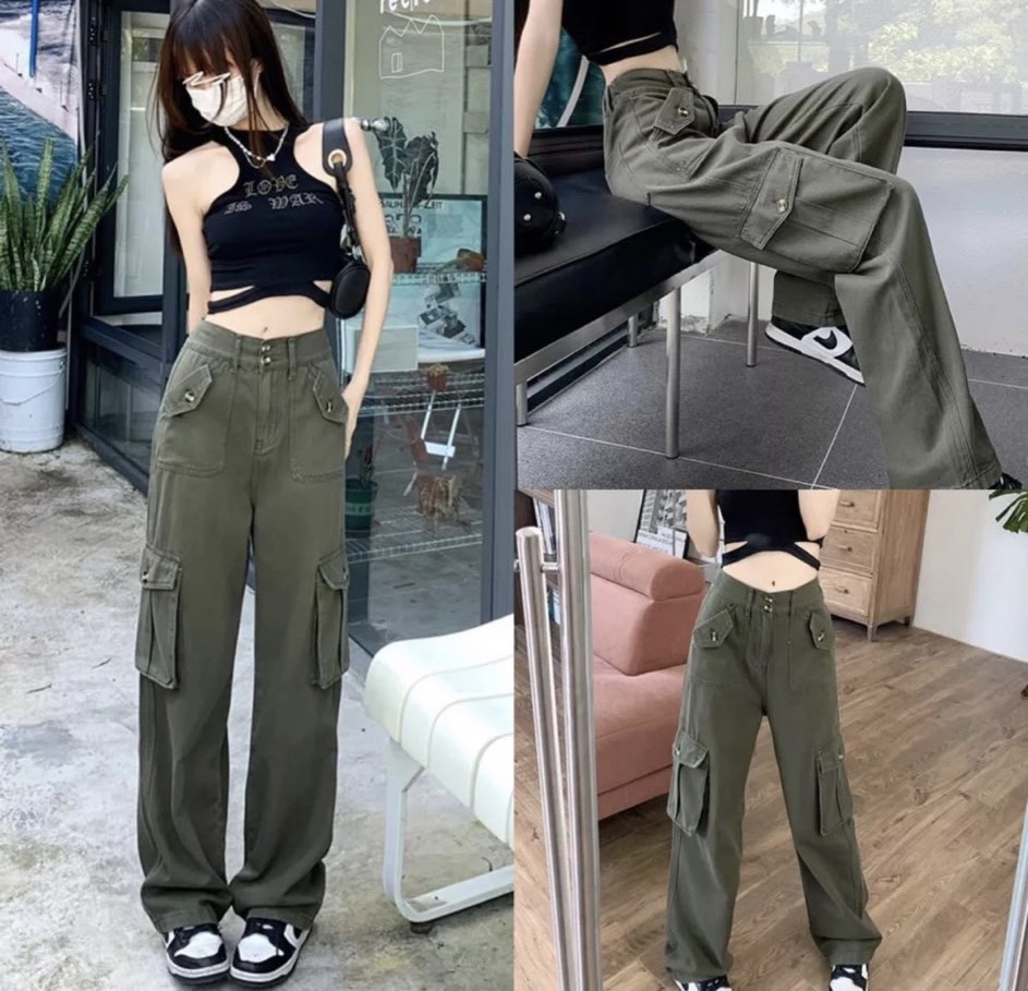 Quần Baggy Kaki Nữ Ống Suông 4 túi hộp to Kiểu Phong Cách Trend 2023