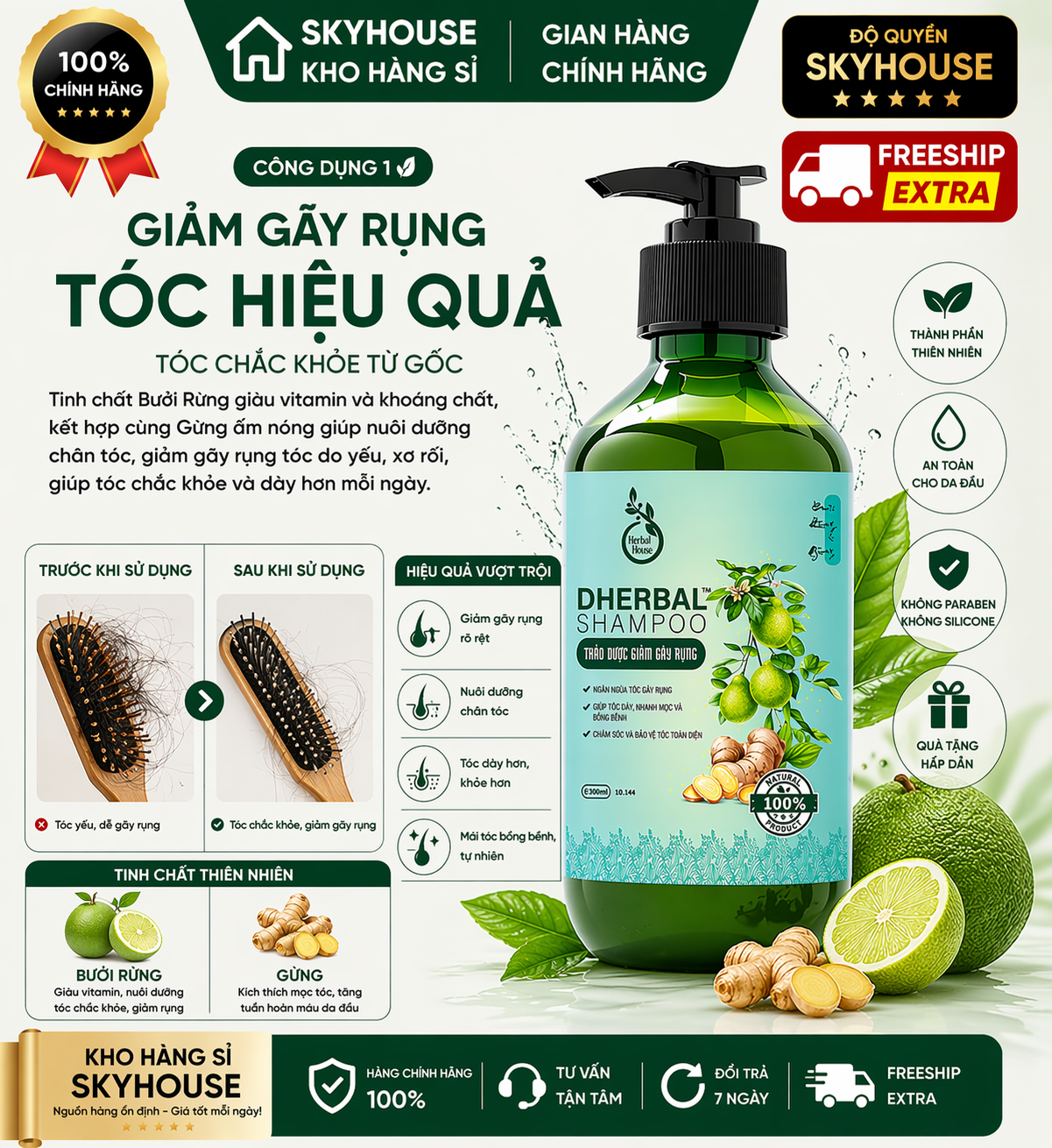 Dầu gội thảo dược tinh chất bưởi rừng gừng độc quyền DHERBAL chai 300ml  giảm gãy rụng cải thiện mọc tóc chính hãng