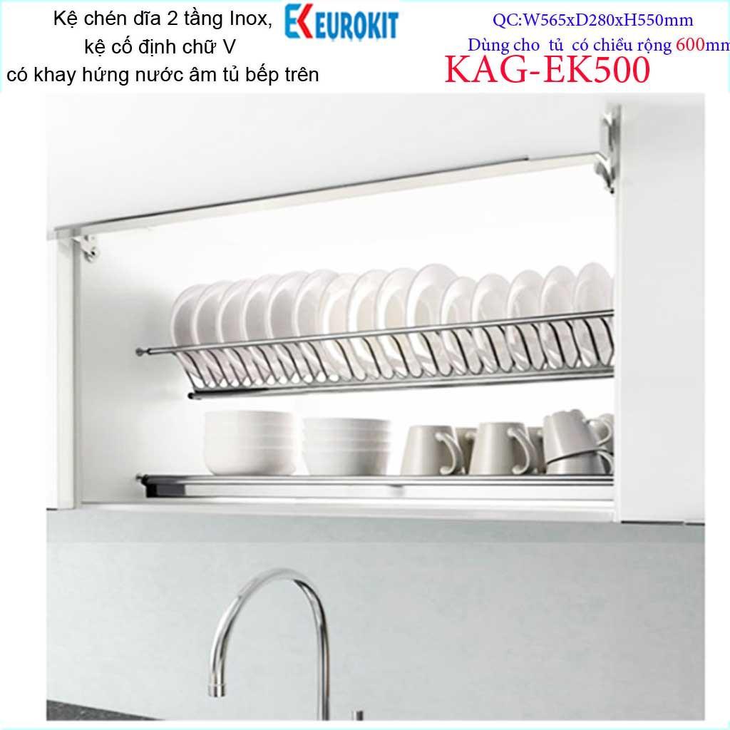 Kệ chén dĩa âm tủ chữ V KAG-EK500-60cm, Kệ chén bát 2 tầng Eurokit inox bóng cao cấp