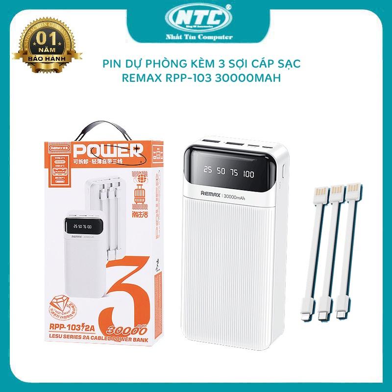 Pin dự phòng Remax RPP-103 30000mAh màn hình LCD - kèm 3 cáp sạc microUSB/ typeC/ LN (trắng) - Hàng Chính Hãng