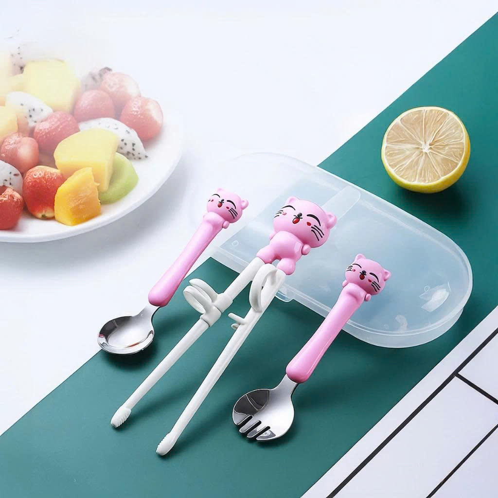 Bộ Ăn Dặm Cho Bé 3 Món, Đũa Xỏ Ngón + Thìa + Dĩa, Dễ Cầm Chống Rơi, An Toàn, Màu Xanh/Hồng - HÀNG CHÍNH HÃNG MINIIN