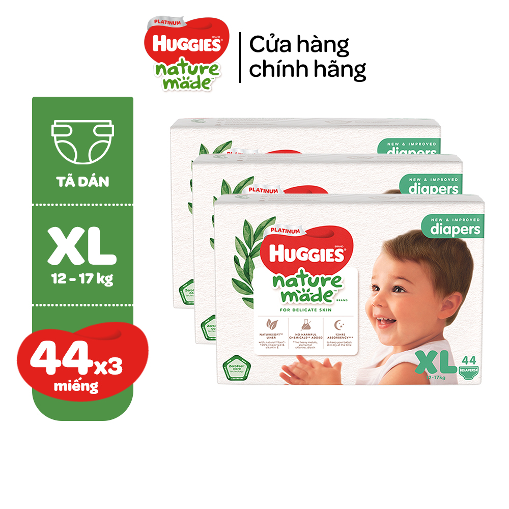 Thùng 3 gói Tã/Bỉm dán sơ sinh Huggies Platinum NatureMade NB60/S82/M64/L54/XL44