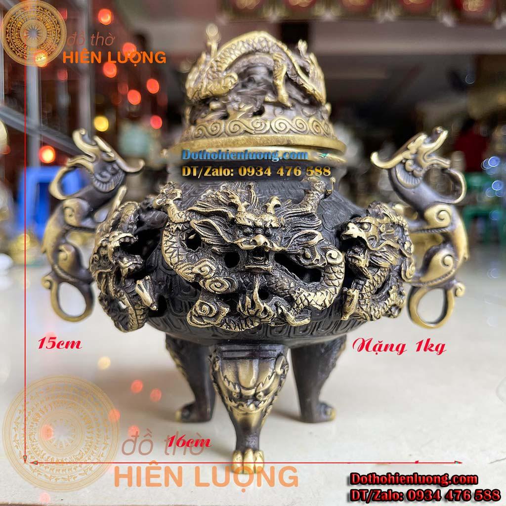 Đỉnh Xông Trầm Song Long Chầu Nguyệt Thủng Màu Đen Bằng Đồng Phong Thủy