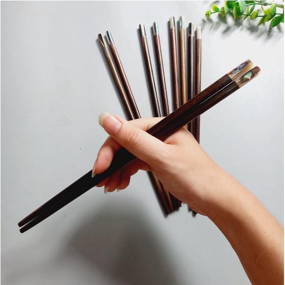 Đũa Gỗ Trắc Đen Đầu Tròn Khảm Cửu Khẩu 26cm Cao Cấp, An Toàn Sức Khỏe, Đũa Decor Trang Trí