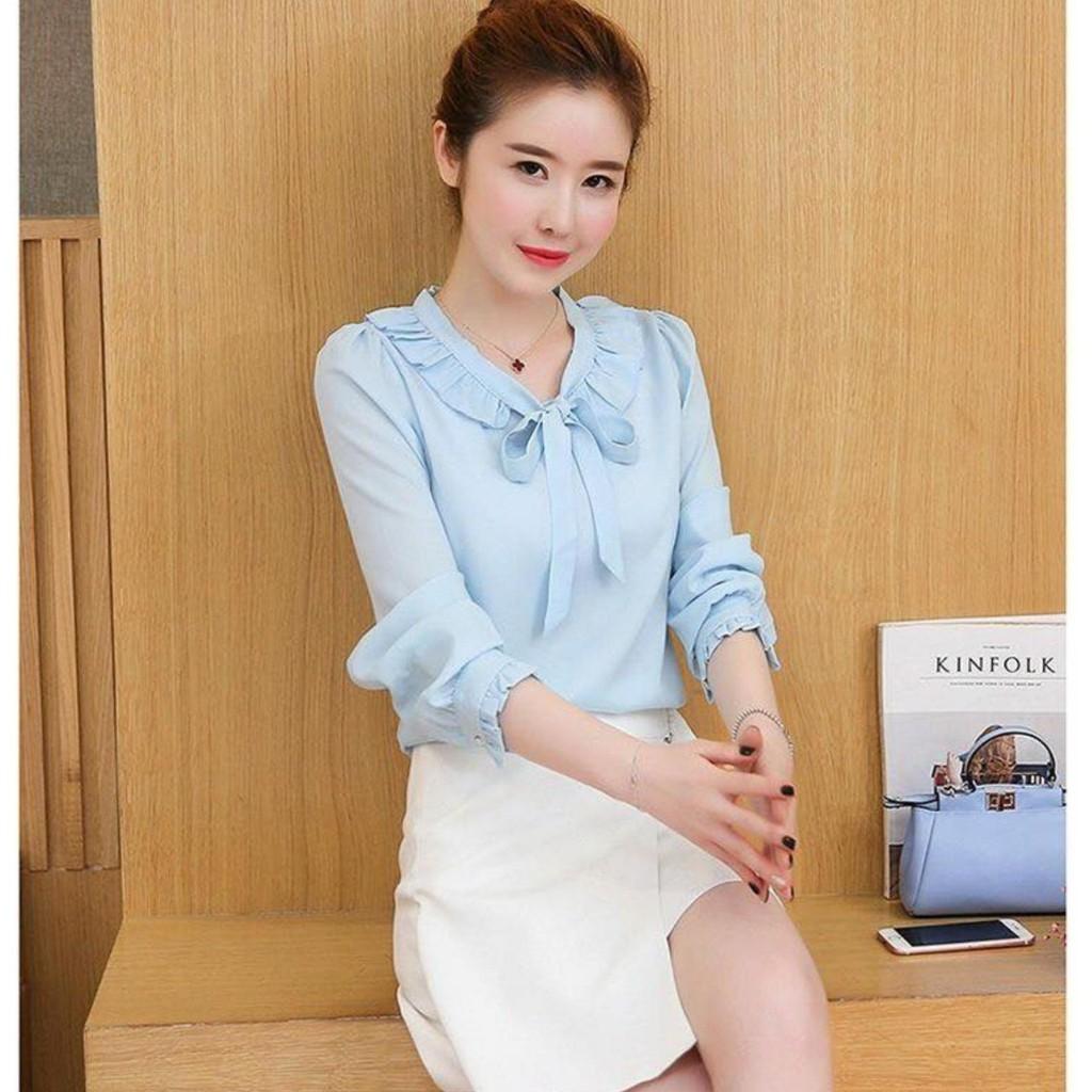 Áo công sở tay dai cổ xếp bèo cột nơ hồng pate