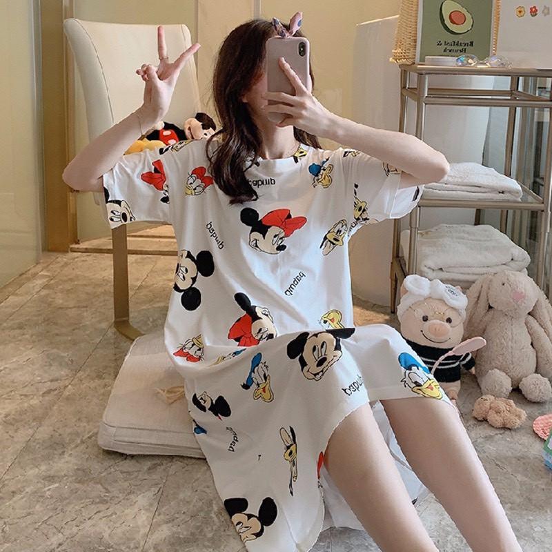 Váy ngủ, váy mặc nhà cộc tay dáng suông chất cotton mềm mát họa tiết hoạt hình dễ thương V285