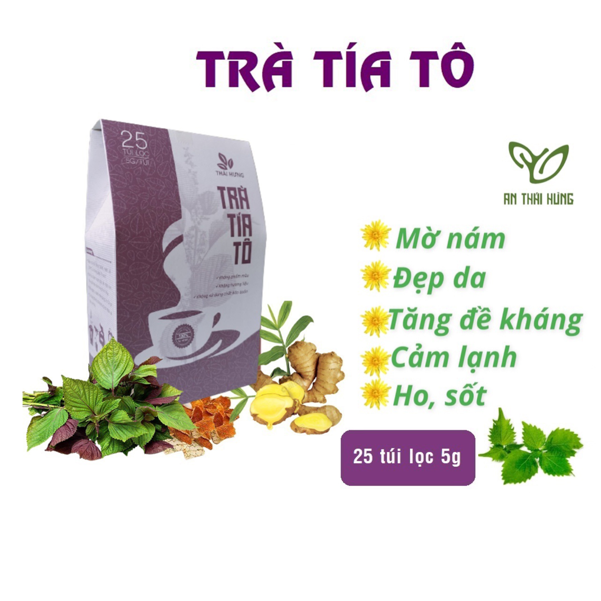 Trà Tía tô Thái Hưng 25 túi lọc x 5g  -  Tăng cường đề kháng, giảm ho, tiêu đờm, giải cảm, thanh lọc cơ thể, đẹp da