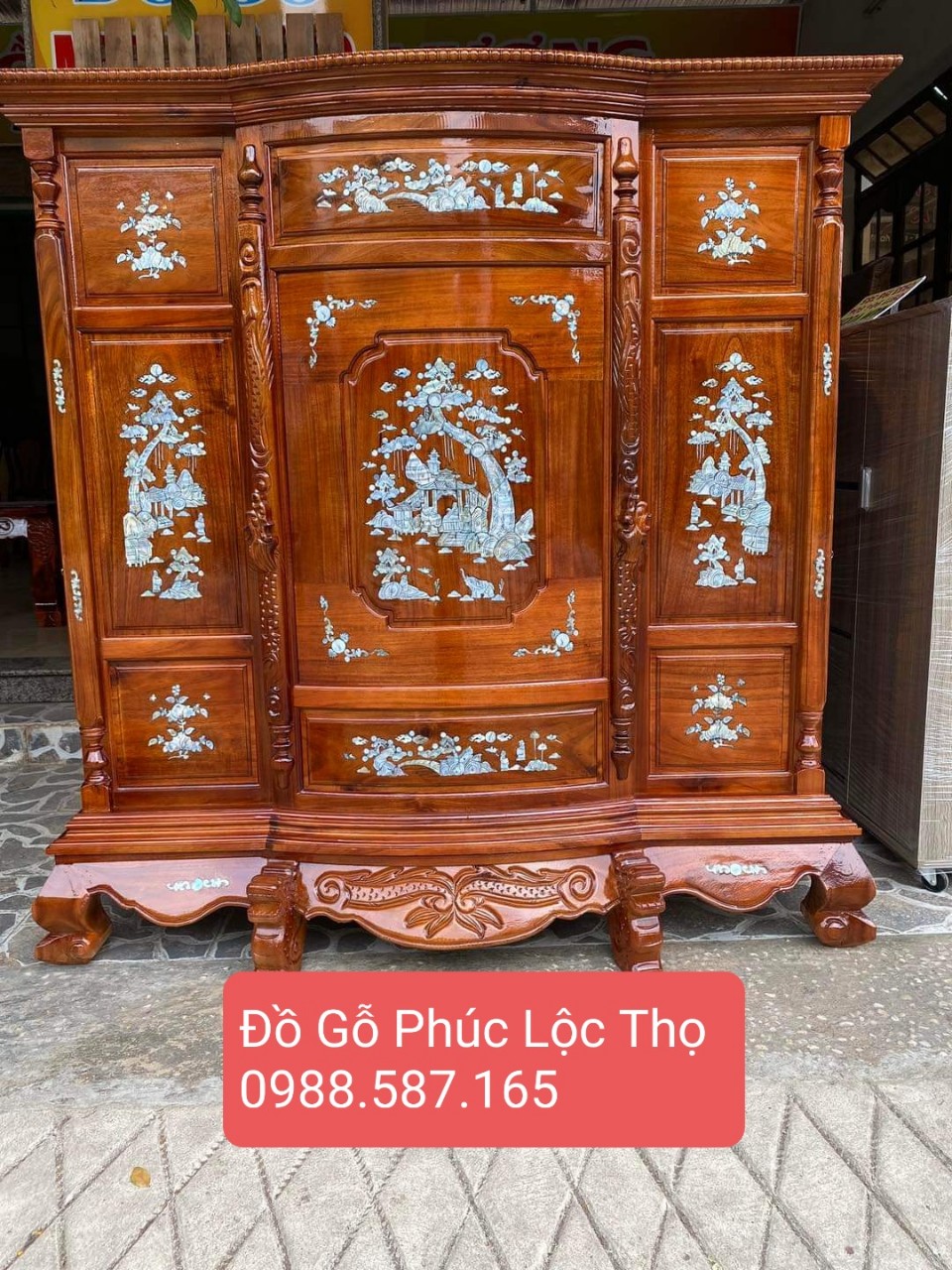 Tủ thờ khảm trai gỗ tràm bụng phệ cao cấp gia rẻ ngang 1m60