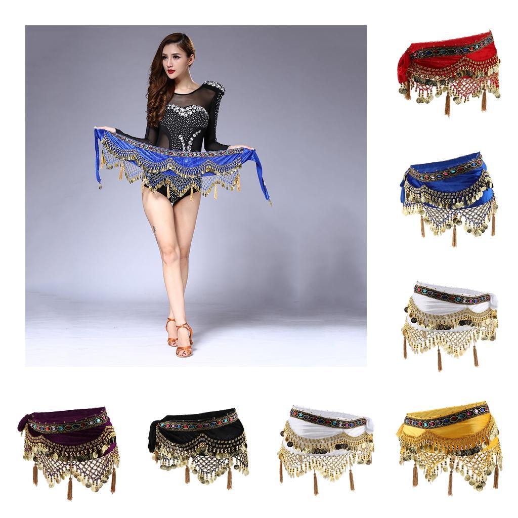 Womens Sequins Belly Dance Hip Scarf Wrap Skirt with Gold