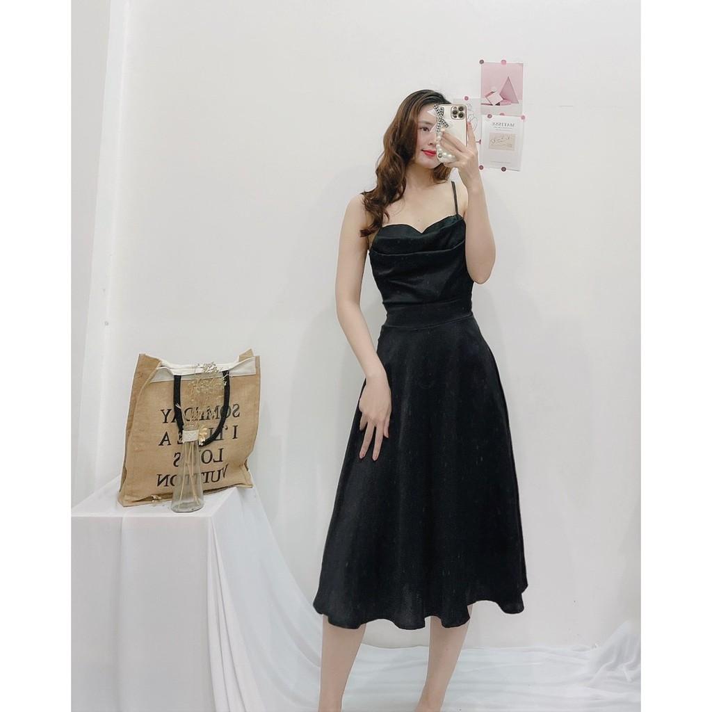 ĐẦM ĐEN LỤA DỰ TIỆC CỔ ĐỔ 2 DÂY-hình thật shop chụp