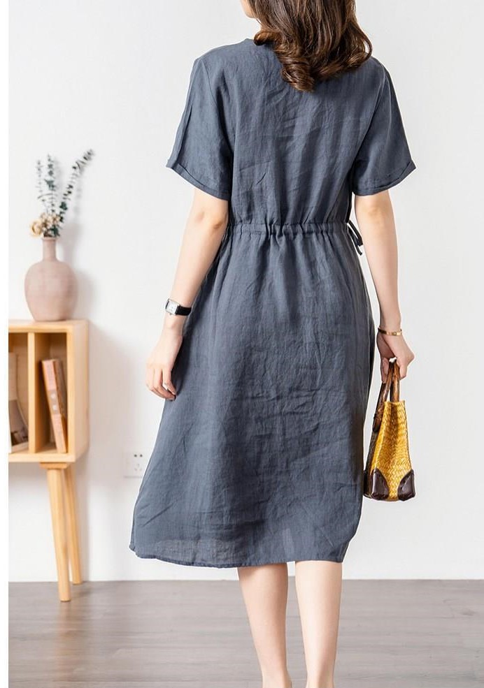 Đầm linen dáng suông cổ V , Đầm sơ mi ngắn tay nhún eo, mặc đi chơi, đi làm Haint Boutique Da173