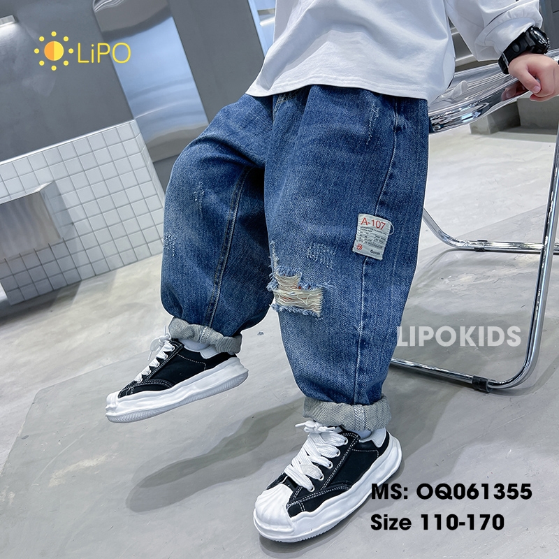 Quần jean bé trai size đại, Quần bò cho bé trai màu Xanh ống rộng 4 5 6 7 8 9 10 12 14 tuổi OQ061 Lipokids