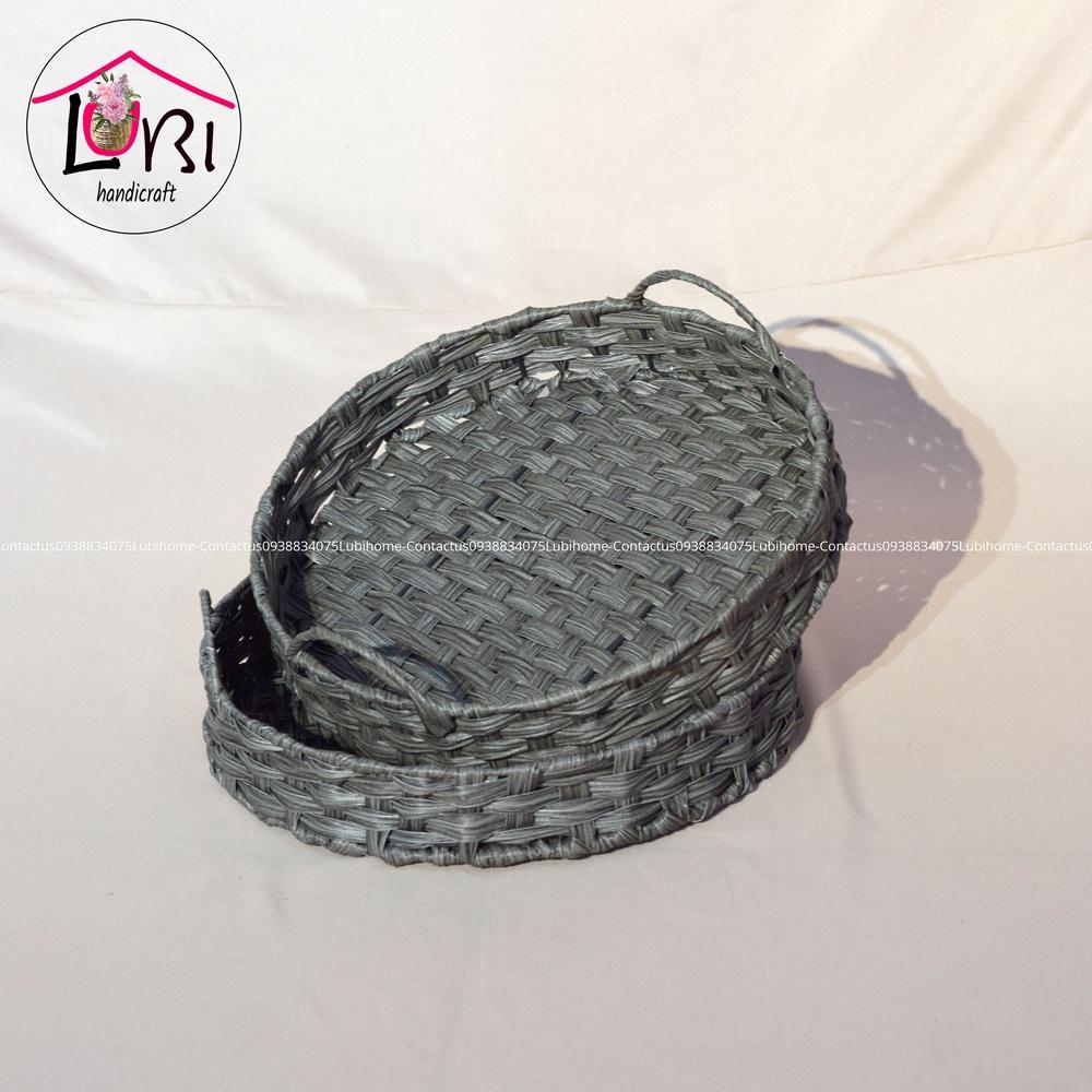 Lubihandicraft - Khay tròn đựng đồ đan dây nhựa xám quai cầm bán nguyệt - xinh xắn